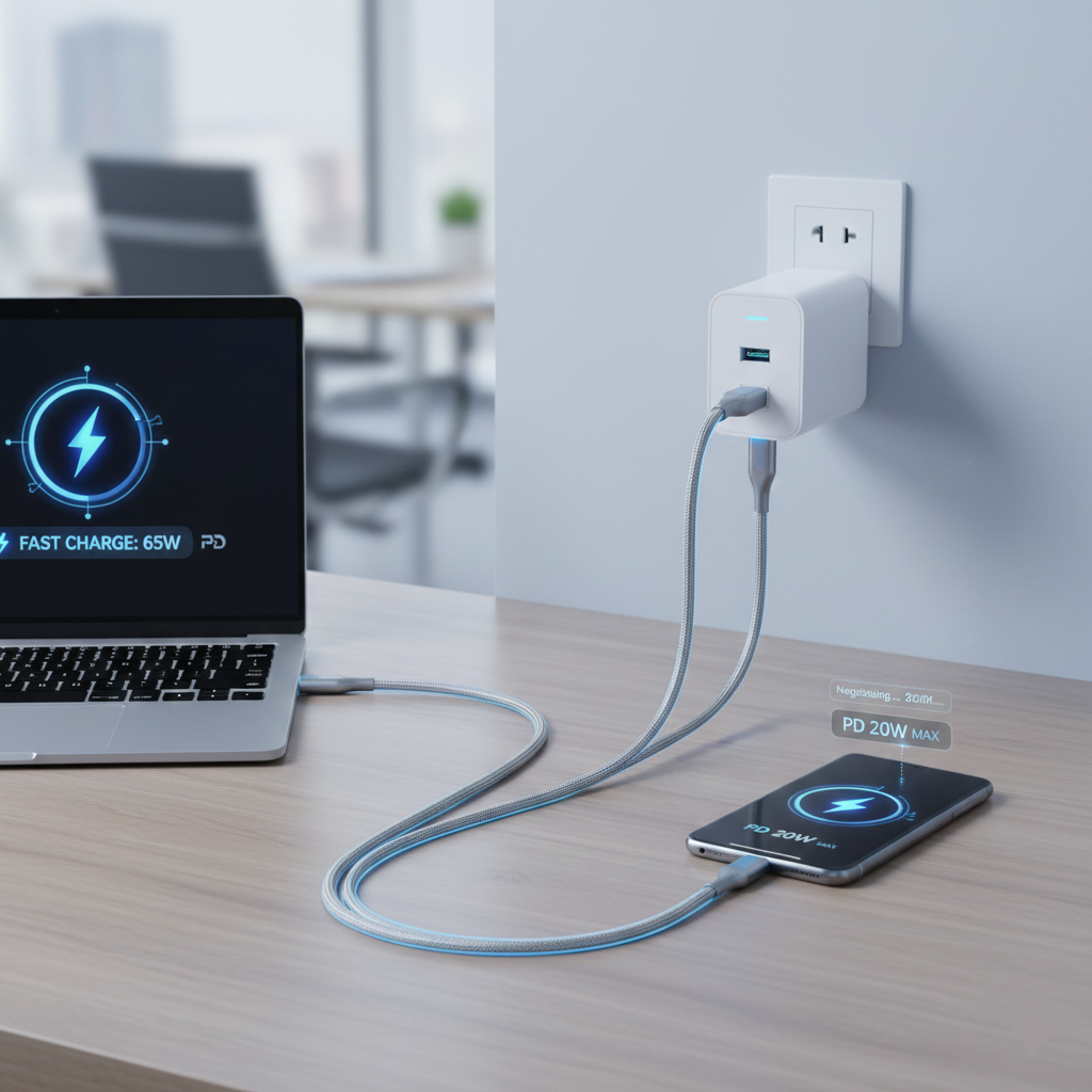 A phone and a laptop are charging on a desk using a white wall charger with two ports; both devices show charging indicators on their screens.