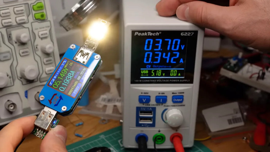 USB power meter and power supply display showing a power conversion measurement
