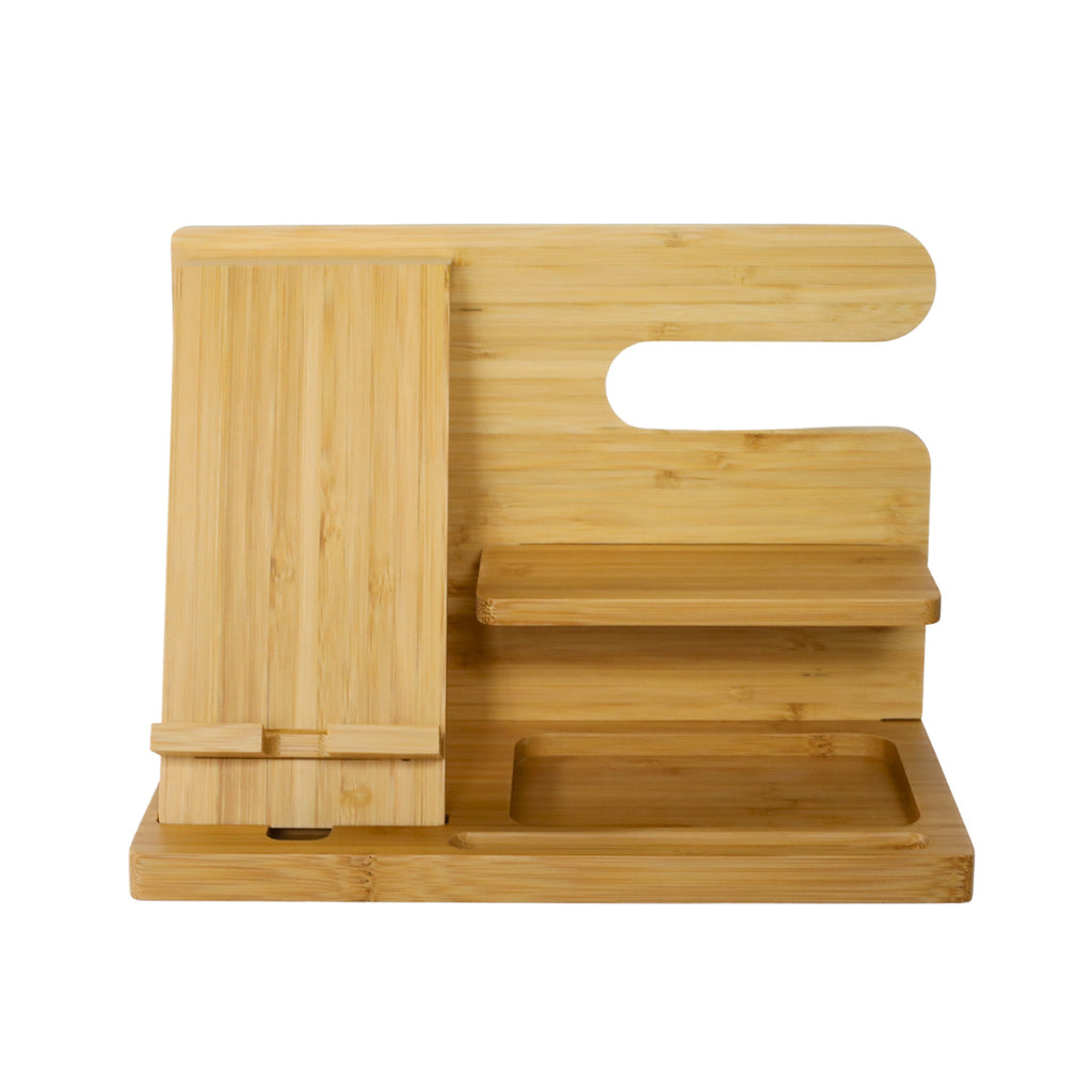 The Light Wood Charging Shelf/Valet is a bamboo organizer with slots and compartments for your phone, watch, and other small items, crafted from light-colored bamboo.