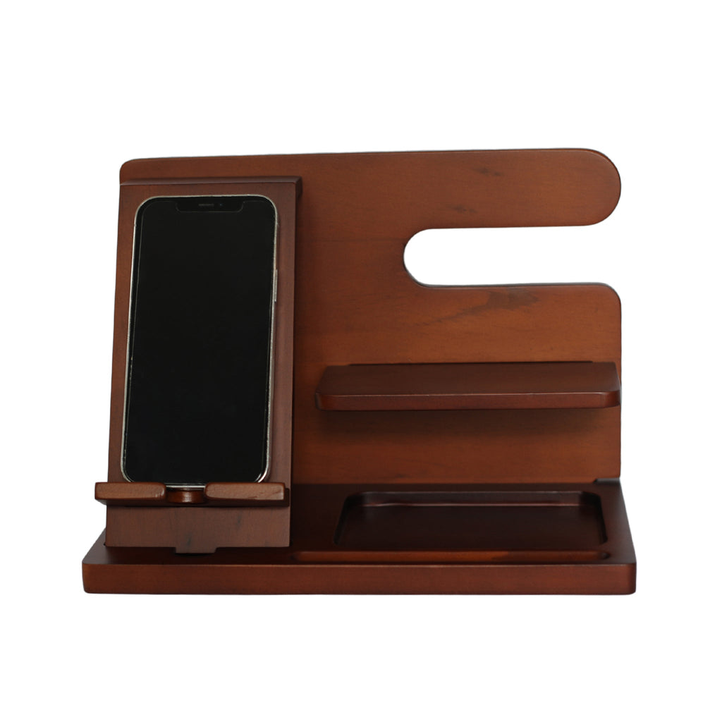 The Dark Wood Charging Shelf/Valet features slots for your smartphone, a small charging shelf, and a tray—ideal for keeping personal items organized on your desk or nightstand.