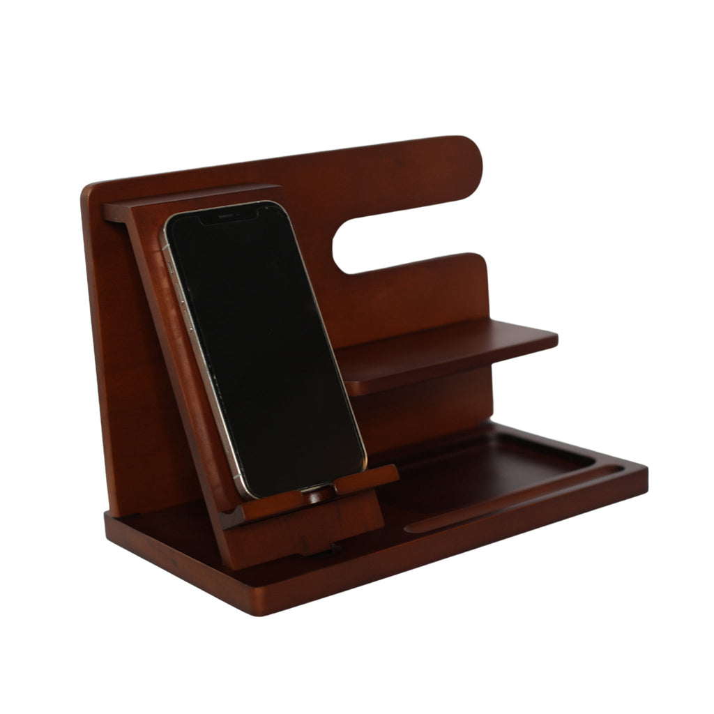 The Dark Wood Charging Shelf/Valet features a smartphone slot, two shelves, and a tray for small items—all in a rich brown finish—keeping your essentials organized and accessible.