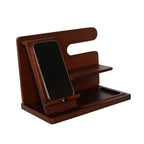 The Dark Wood Charging Shelf/Valet features a smartphone slot, two shelves, and a tray for small items—all in a rich brown finish—keeping your essentials organized and accessible.