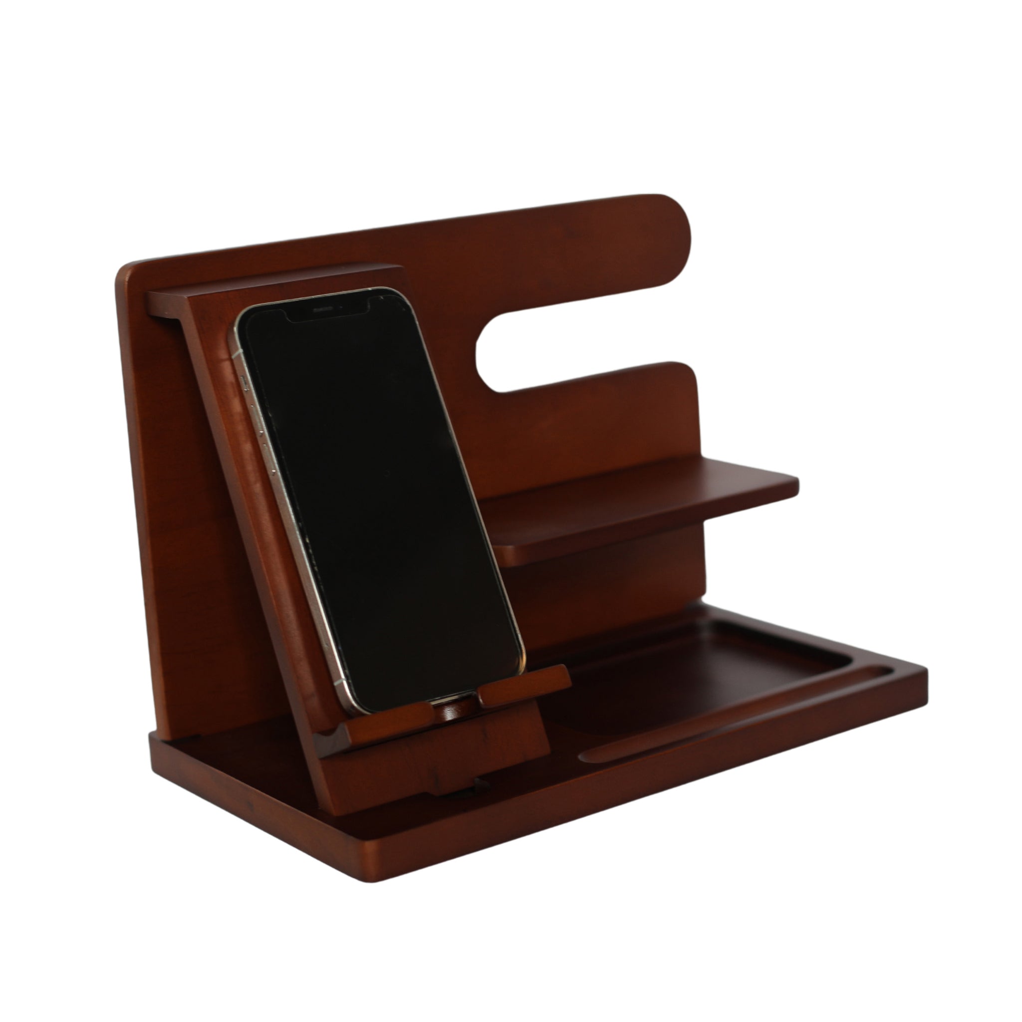 The Dark Wood Charging Shelf/Valet features a smartphone slot, two shelves, and a tray for small items—all in a rich brown finish—keeping your essentials organized and accessible.
