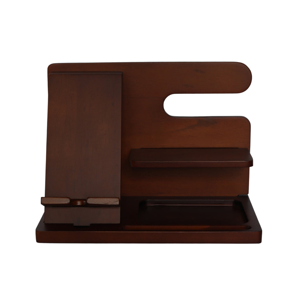 The Dark Wood Charging Shelf/Valet is a modern organizer with a phone or tablet stand, small shelf, and tray. Its minimalistic dark brown design keeps essentials tidy, featuring a convenient charging shelf for devices.