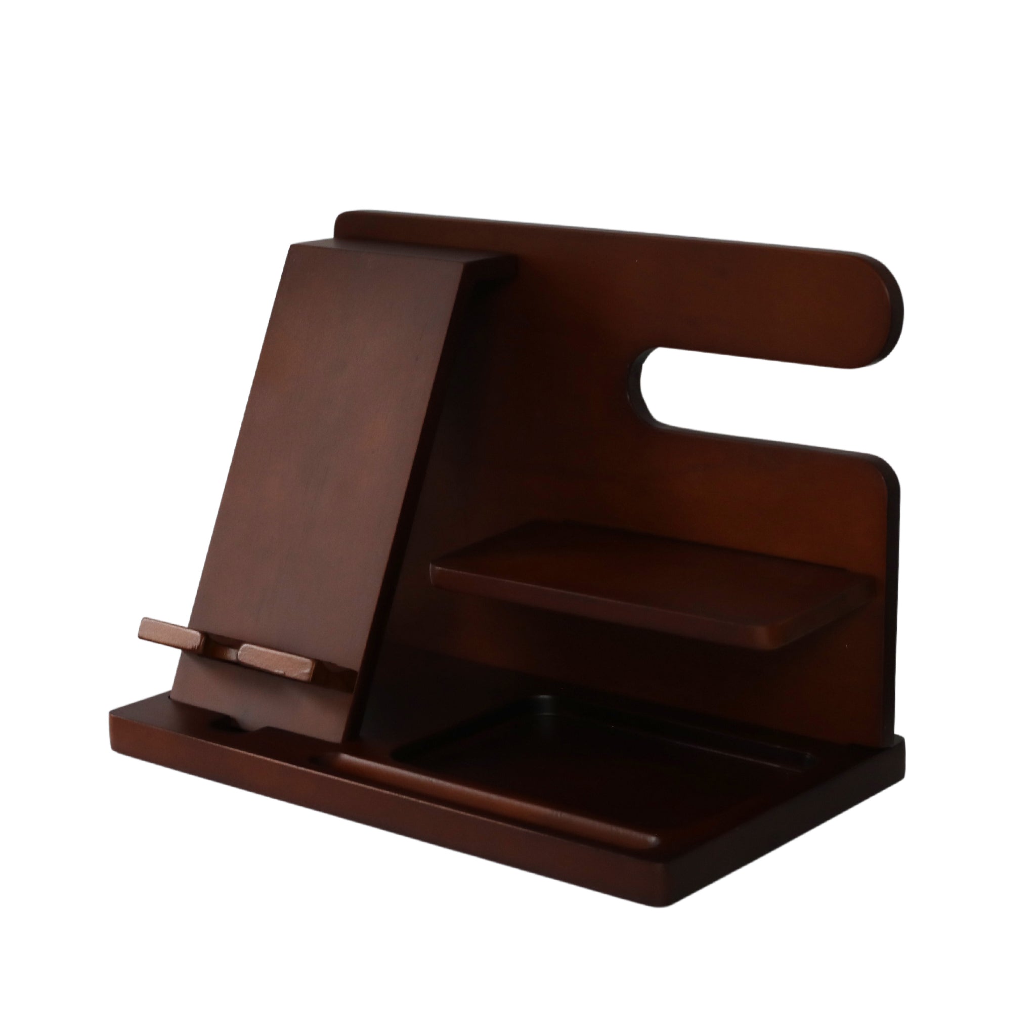 The Dark Wood Charging Shelf/Valet features a slanted phone or tablet stand, a convenient charging shelf, and a base tray to keep your essentials neatly organized.