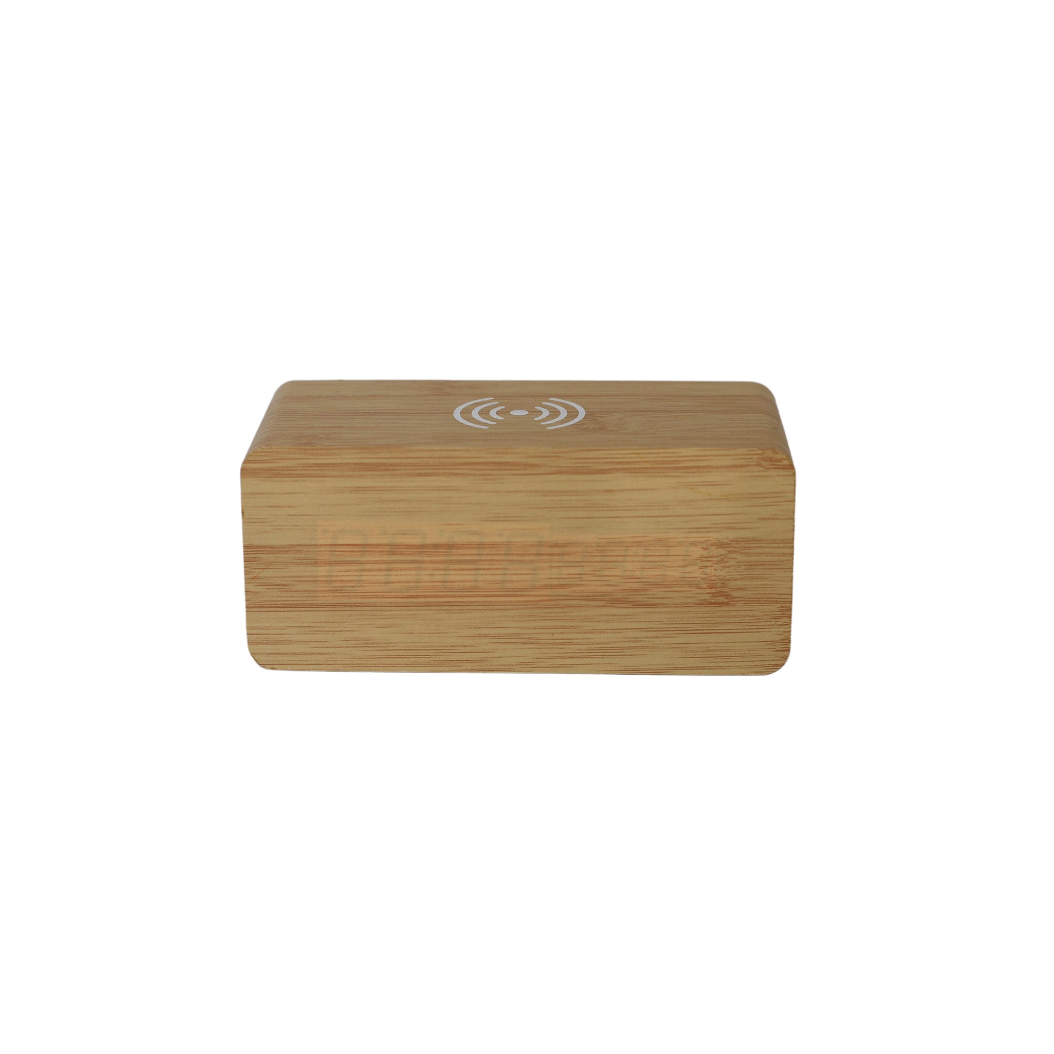 The Bamboo Wireless Phone Charger/Digital Clock, featuring a wireless charging symbol on top, is elegantly displayed against a plain white background.