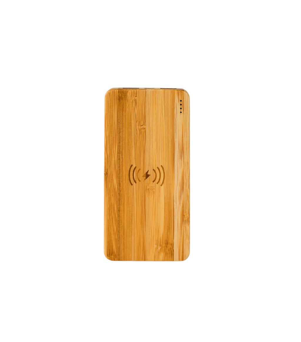 The Rectangular Wireless Charger (5.75 x 2.75 inches) features rounded edges, a central charging symbol engraving, and a bamboo finish—an eco-friendly addition to your modern workspace, shown against a white background.