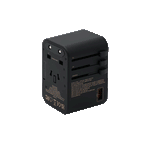The 65W GaN Travel Adapter is a black fast charger with USB port and sliding switches for EU, UK, US/AUS plugs. Printed specs on the side make it ideal for international travel.