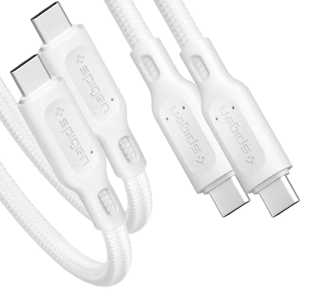 Close-up of two white Spigen DuraSync 60W USB C to USB C High Speed Fast Charging Cables (4.9FT, 2 Pack), featuring braided design and brand name on the connectors.