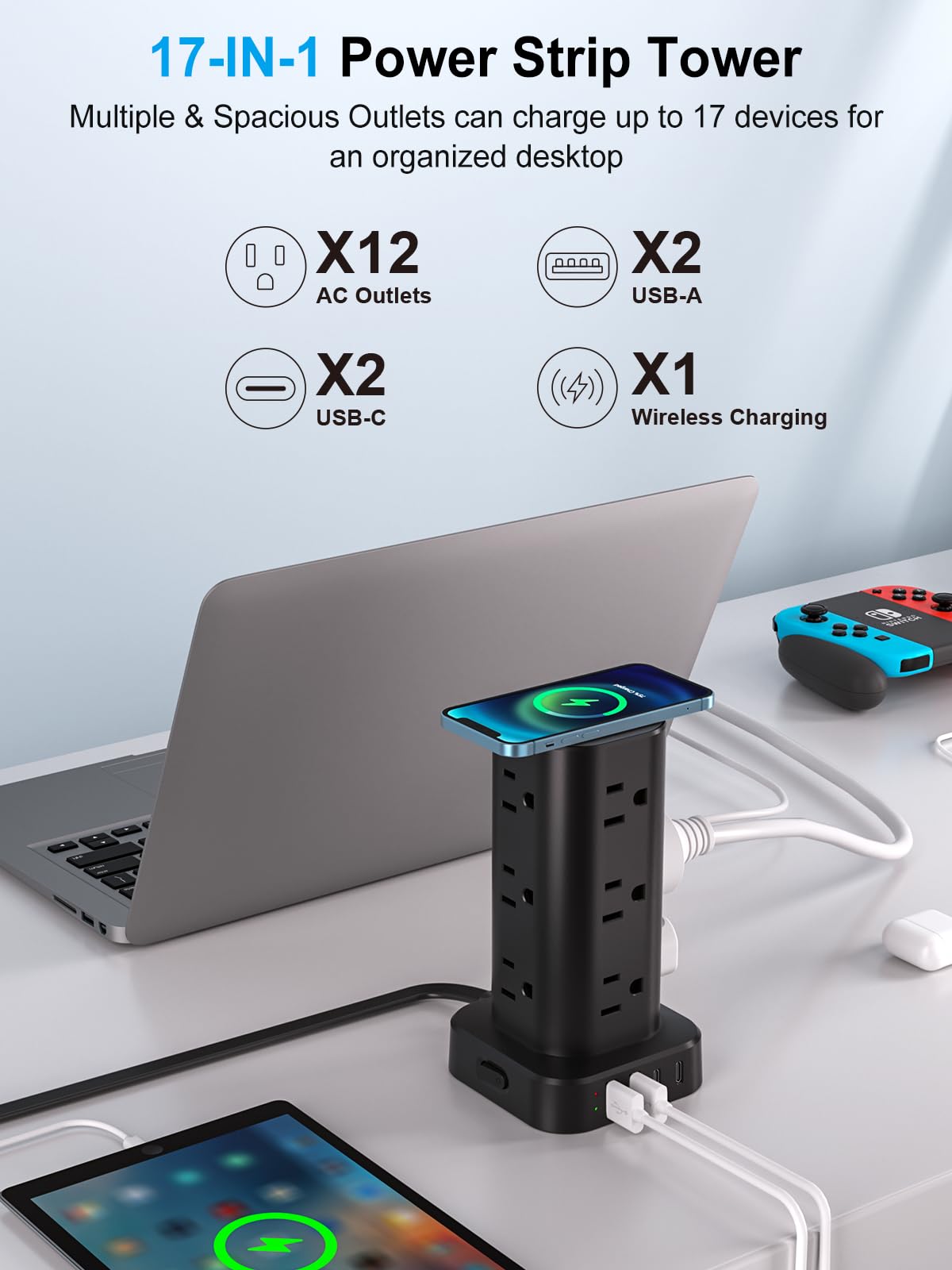 12-Outlet Power Strip Tower with 4 USB Ports & Optional 15W Wireless Charging - Dynamic Power Supply - Surge Protector / Power Strip