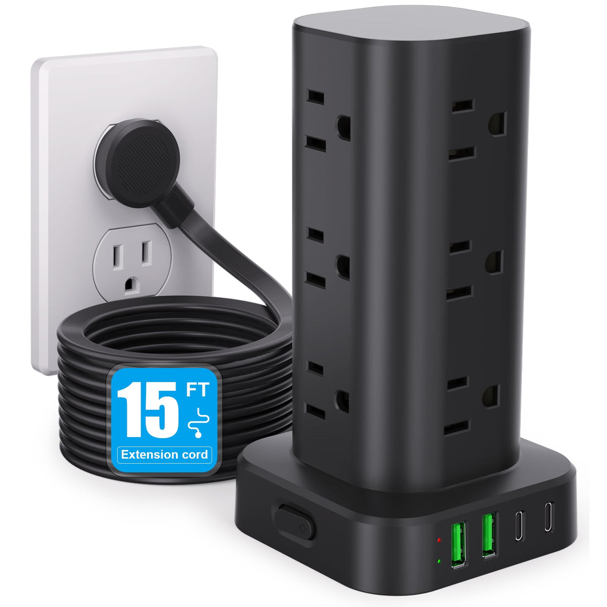 12-Outlet Power Strip Tower with 4 USB Ports & Optional 15W Wireless Charging - Dynamic Power Supply - Surge Protector / Power Strip