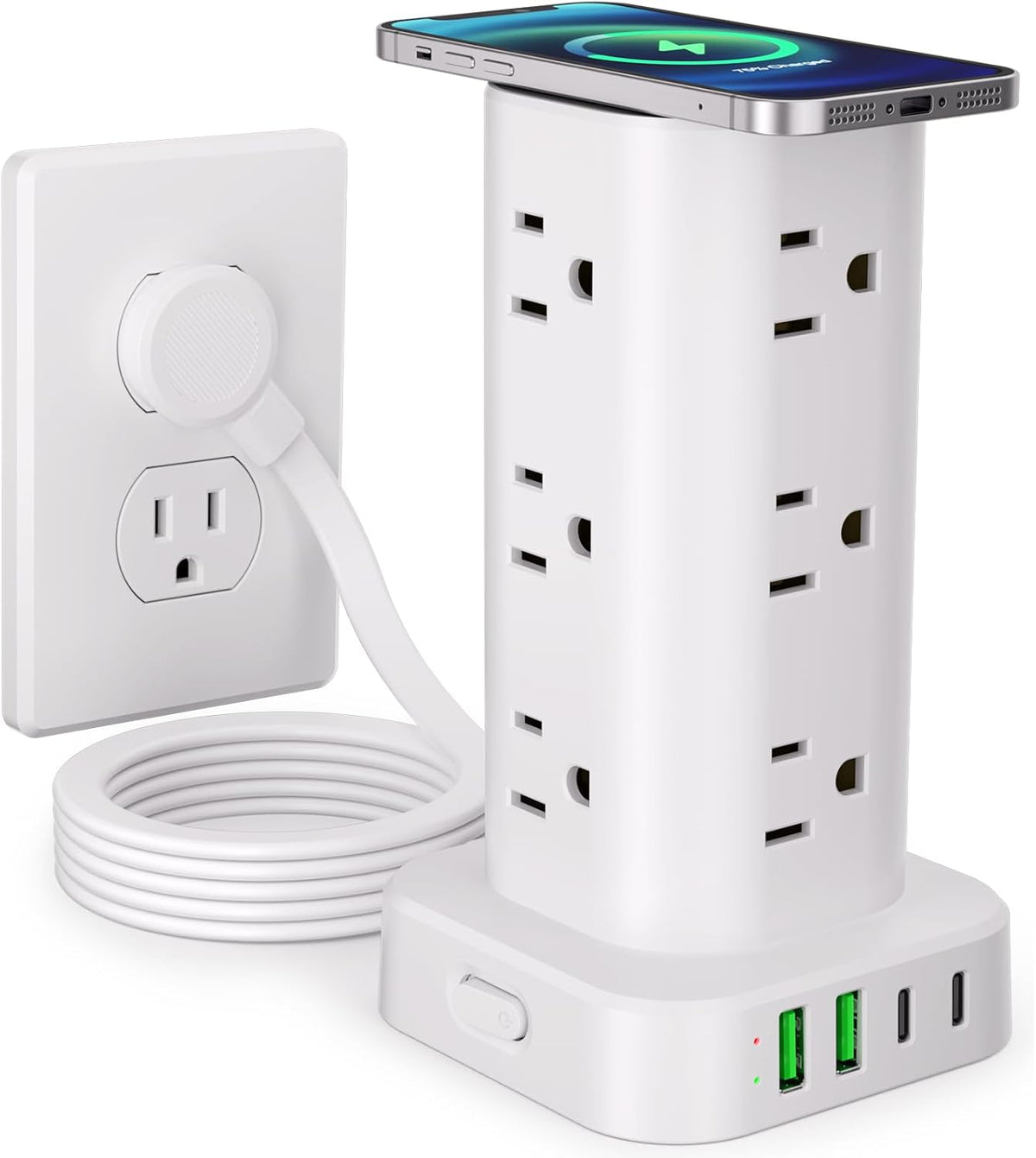 12-Outlet Power Strip Tower with 4 USB Ports & Optional 15W Wireless Charging - Dynamic Power Supply - Surge Protector / Power Strip