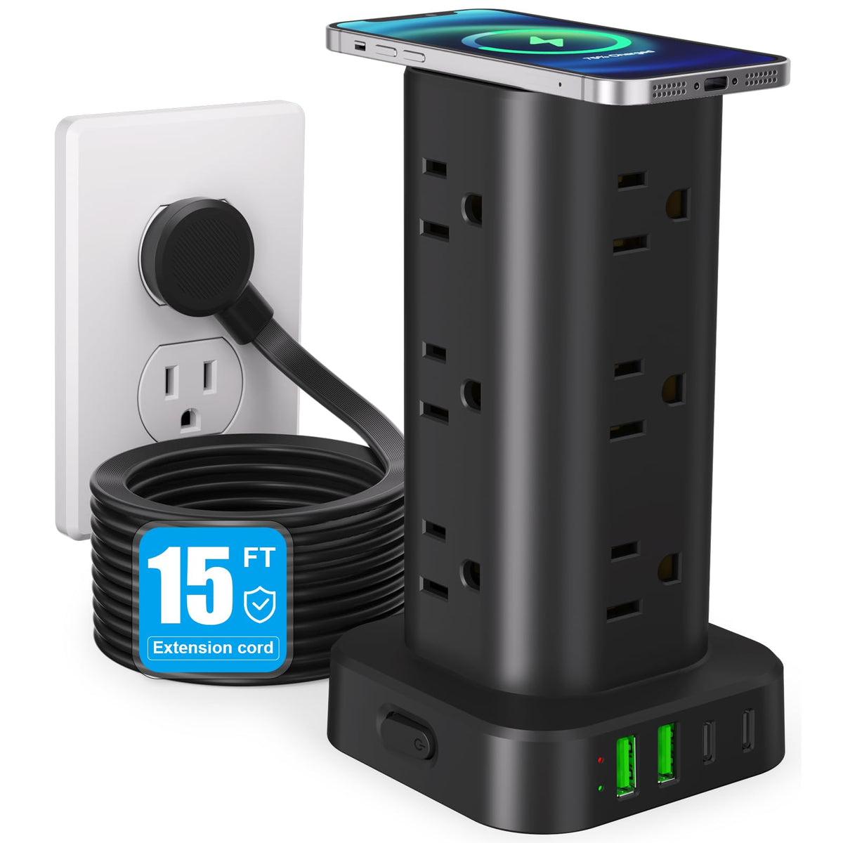 12-Outlet Power Strip Tower with 4 USB Ports & Optional 15W Wireless Charging - Dynamic Power Supply - Surge Protector / Power Strip
