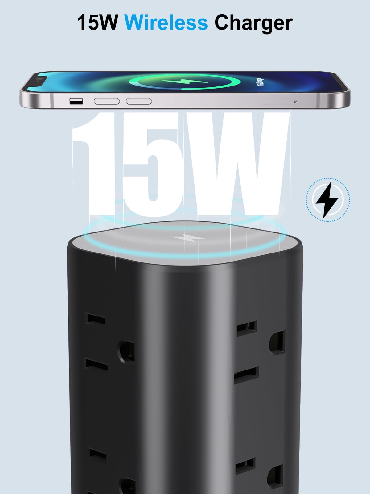 12-Outlet Power Strip Tower with 4 USB Ports & Optional 15W Wireless Charging - Dynamic Power Supply - Surge Protector / Power Strip