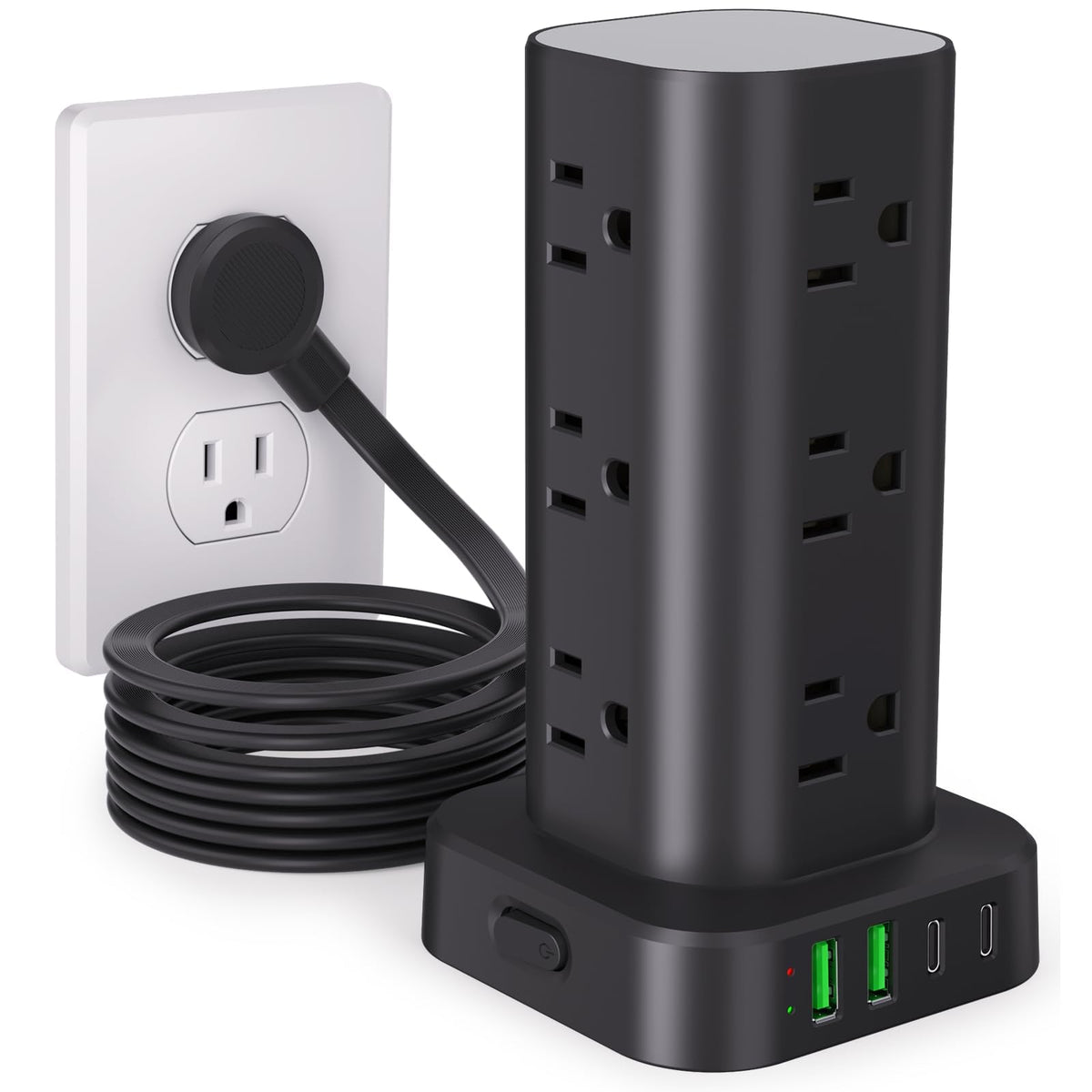 12-Outlet Power Strip Tower with 4 USB Ports & Optional 15W Wireless Charging - Dynamic Power Supply - Surge Protector / Power Strip