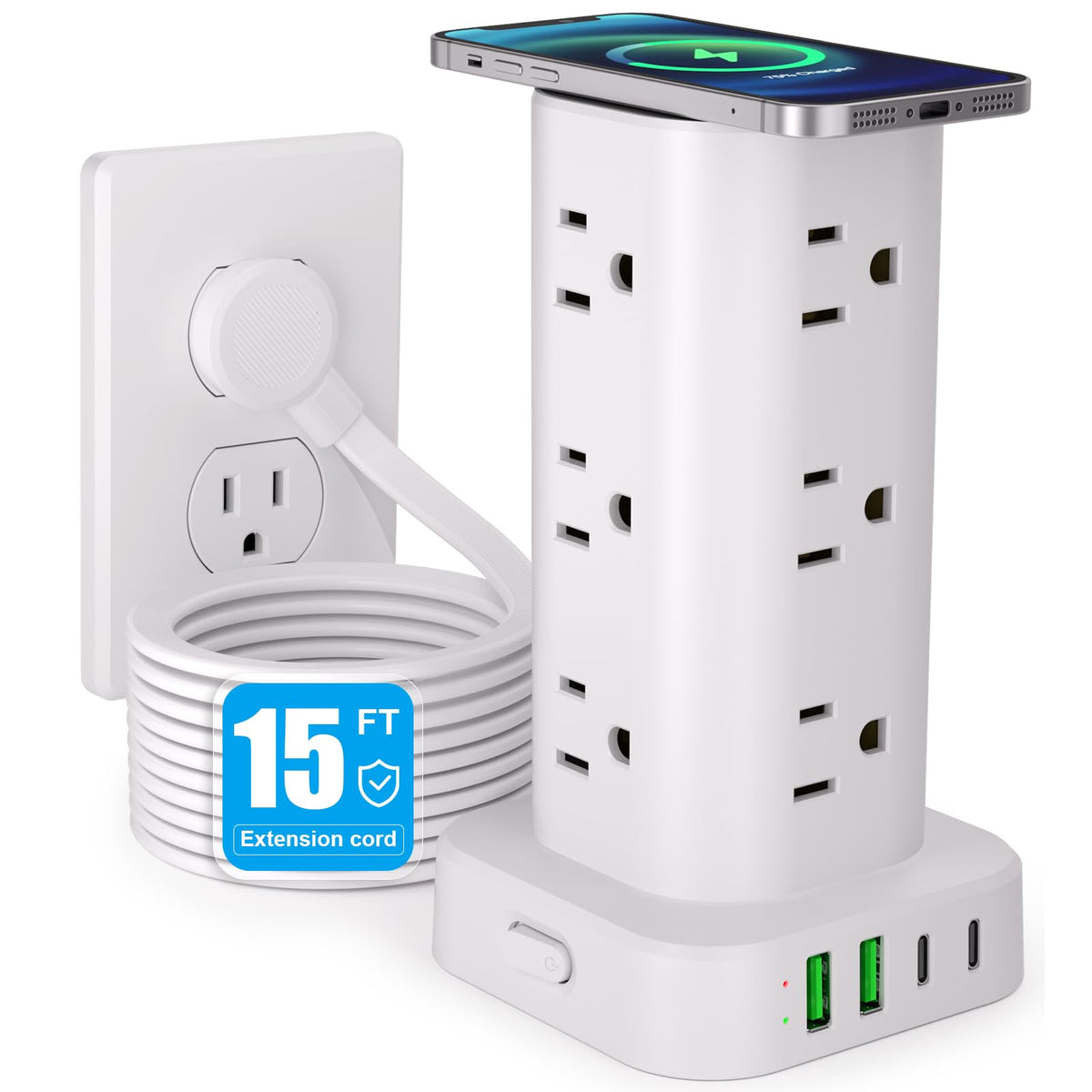 12-Outlet Power Strip Tower with 4 USB Ports & Optional 15W Wireless Charging - Dynamic Power Supply - Surge Protector / Power Strip