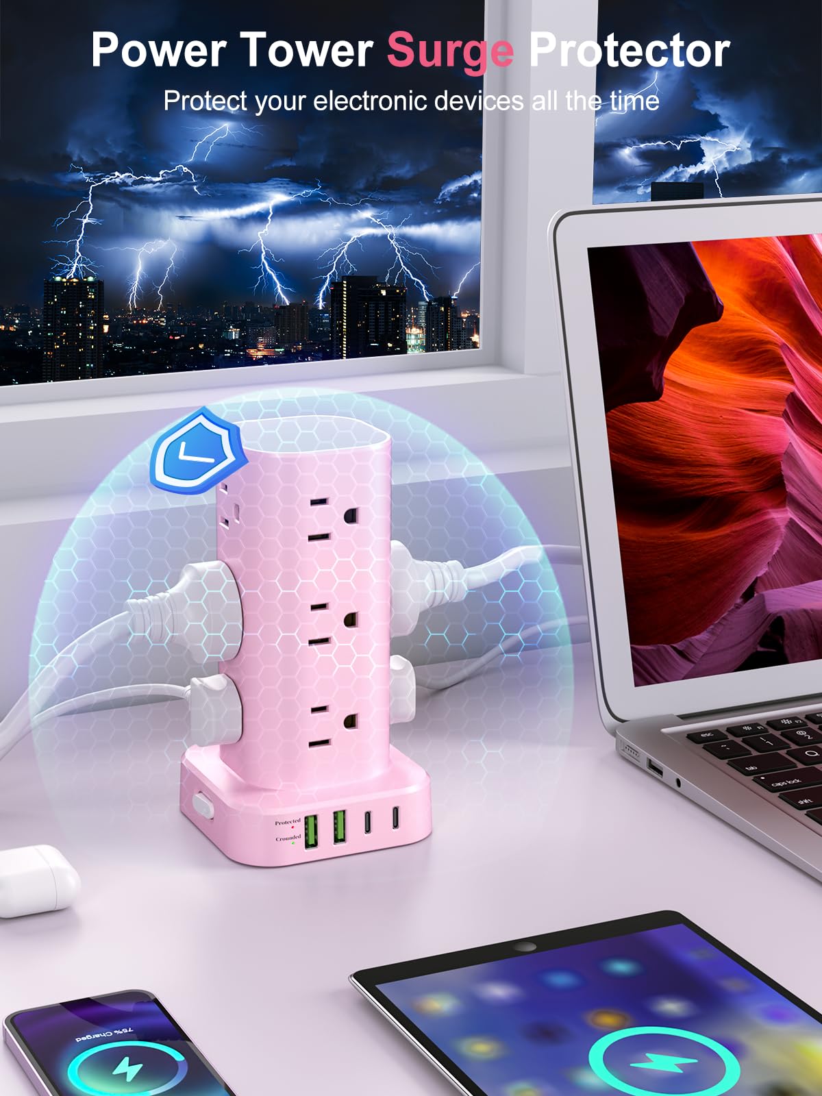 12-Outlet Power Strip Tower with 4 USB Ports & Optional 15W Wireless Charging - Dynamic Power Supply - Surge Protector / Power Strip