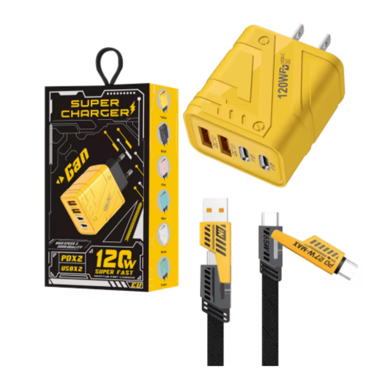 120W GaN USB-C Wall Charger – 4-Port PD Fast Charger with USB-C, USB-A & Charging Cable - Dynamic Power Supply - USB Wall Charger