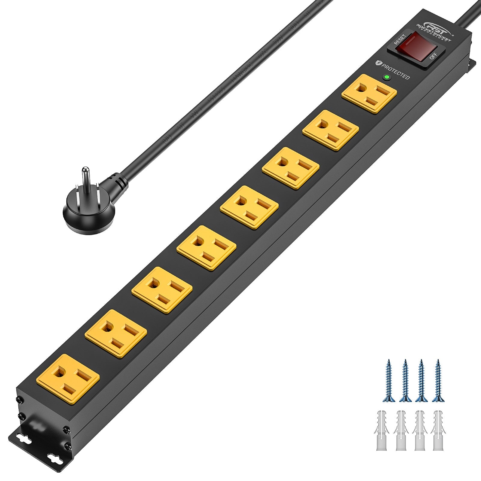 The CRST 8 Outlets Wide Spaced Mountable Metal Power Strip Surge Protector features eight yellow outlets, a surge protector, power switch, indicator light, a 6ft flat plug cord, plus four screws and wall anchors for mounting.
