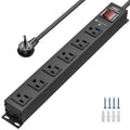 The CRST 6-Outlet Slim Metal Surge Protector Power Strip features six wide-spaced outlets, a rugged black metal housing, a 10 ft heavy-duty cord, an on/off switch, and an indicator light. Designed for reliable industrial-grade surge protection with a 2100-joule rating, it includes mounting holes at both ends. Four screws and four wall anchors are provided to the right of the strip for secure installation in demanding environments.