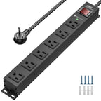 The CRST 6-Outlet Slim Metal Surge Protector Power Strip features six wide-spaced outlets, a rugged black metal housing, a 10 ft heavy-duty cord, an on/off switch, and an indicator light. Designed for reliable industrial-grade surge protection with a 2100-joule rating, it includes mounting holes at both ends. Four screws and four wall anchors are provided to the right of the strip for secure installation in demanding environments.
