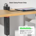A Desk Clamp Surge Protector Power Strip w/ USB-C & 6FT Cord is secured to a wooden desk, powering a phone and adapter. It features USB-C fast charging, USB-A outputs, and compares device charging speeds.