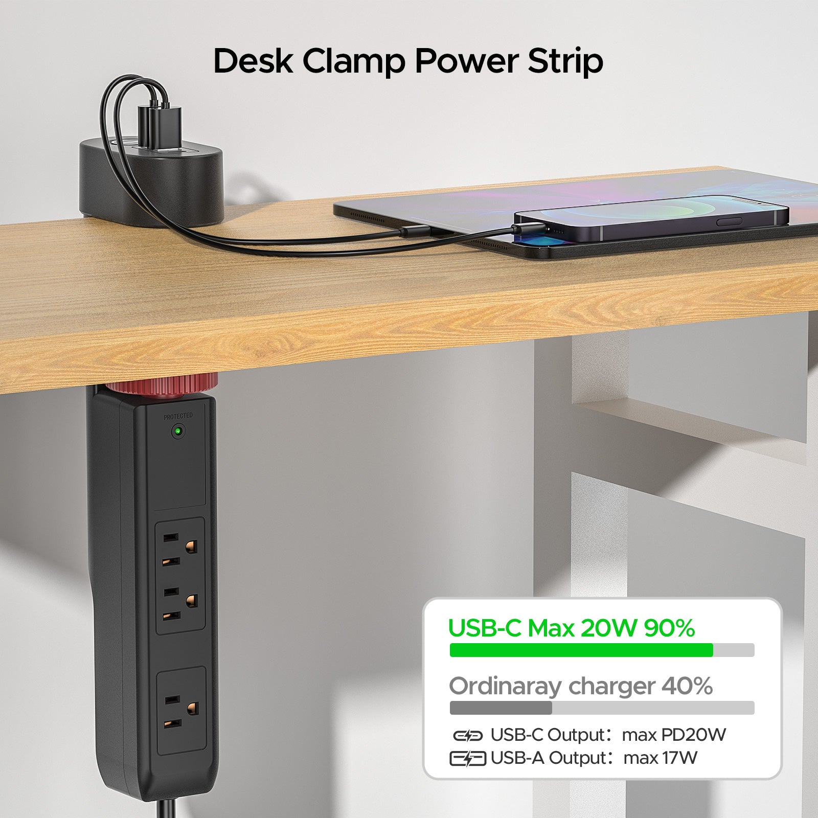 CRST Desk Clamp Surge Protector Power Strip with USB-C Port 6FT Extension Cord Flat Plug 1020J Protection Fits Tables Up to 2 Inches 36 Months Warranty