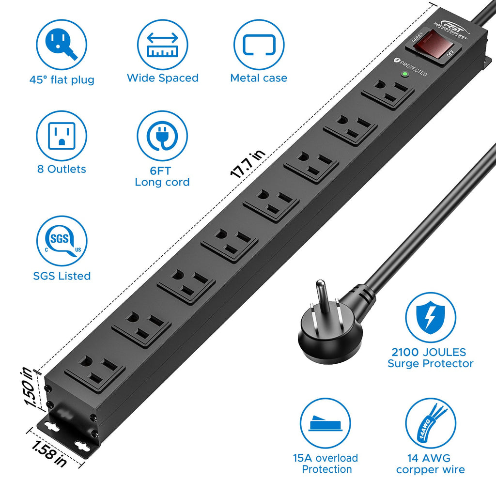 The CRST 8 Outlets Wide Spaced Mountable Metal Power Strip Surge Protector features a 6FT flat plug cord, 2100 joules protection, durable metal housing, power switch, and comes with mount kits included.
