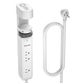 The Desk Clamp Surge Protector Power Strip w/ USB-C & 6FT Cord features three outlets, fast charging USB-C ports, a circular device holder, surge protection, a coiled cord, and right-angle plug—shown on a white background.