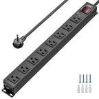 The CRST 8 Outlets Wide Spaced Mountable Metal Power Strip Surge Protector features a 6FT flat plug cord, 2100 joules protection, power switch, indicator light, and comes with mount kits for easy installation.