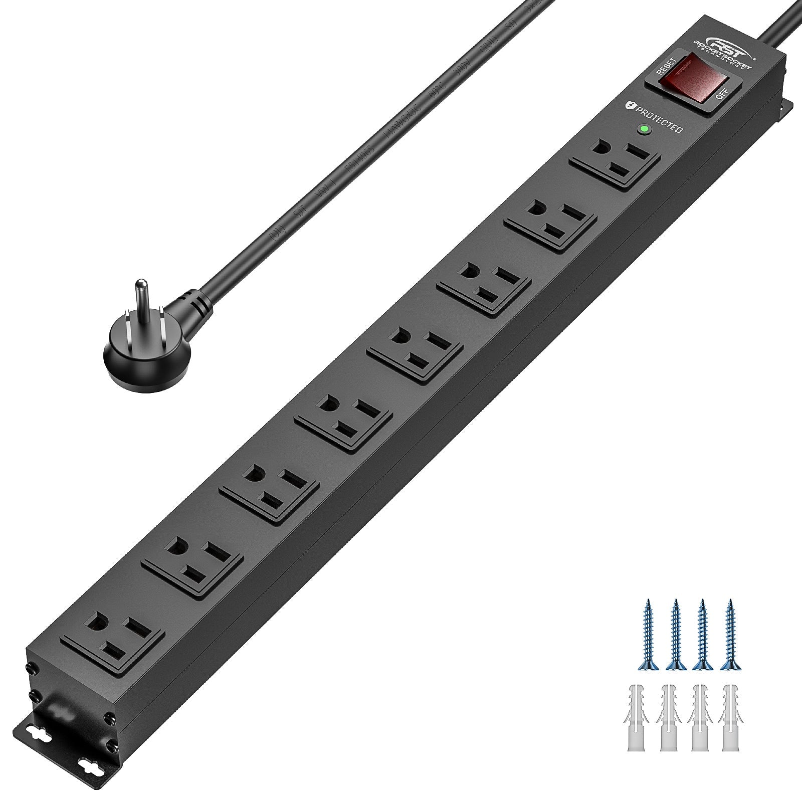 The CRST 8 Outlets Wide Spaced Mountable Metal Power Strip Surge Protector features a 6FT flat plug cord, 2100 joules protection, power switch, indicator light, and comes with mount kits for easy installation.