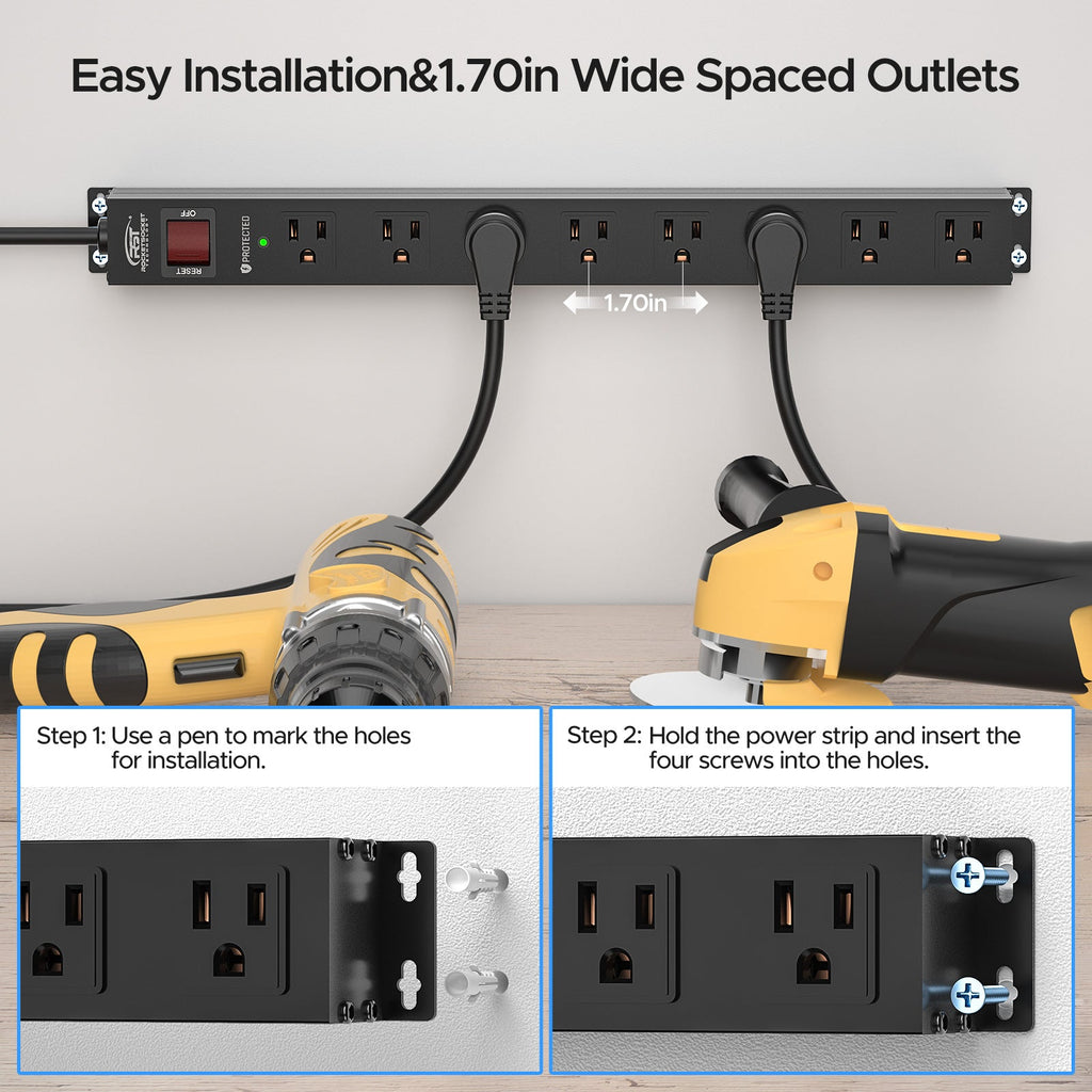 The CRST 8 Outlets Wide Spaced Mountable Metal Power Strip Surge Protector features a 6FT flat plug power cord, 2100 joules protection, and includes mount kits for easy installation. Insets show simple screw mounting steps. Text: "Easy Installation & 1.70in Wide Spaced Outlets.