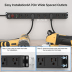 The CRST 8 Outlets Wide Spaced Mountable Metal Power Strip Surge Protector features a 6FT flat plug power cord, 2100 joules protection, and includes mount kits for easy installation. Insets show simple screw mounting steps. Text: "Easy Installation & 1.70in Wide Spaced Outlets.