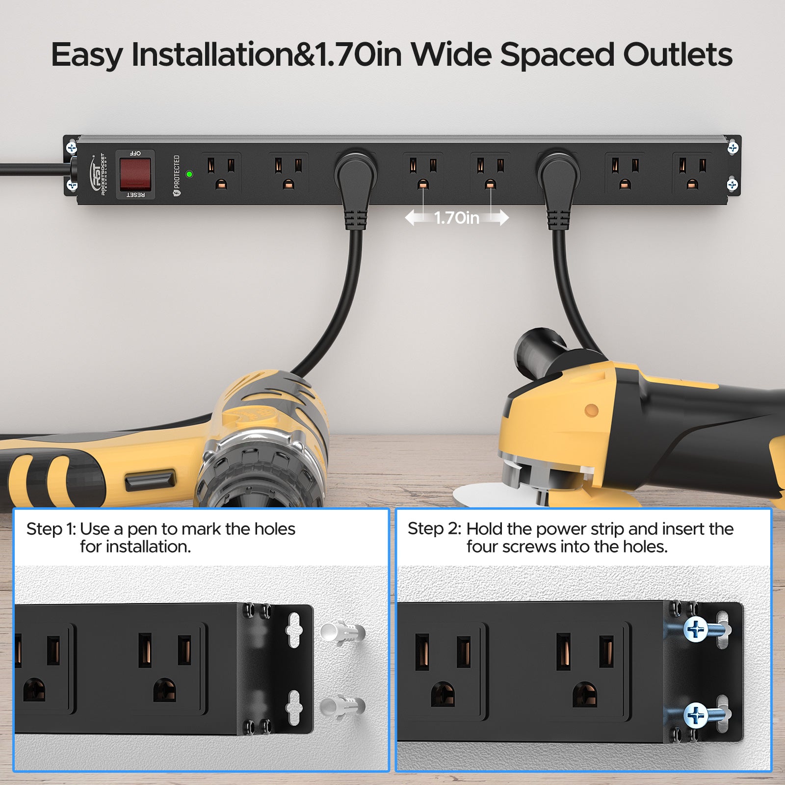 The CRST 8 Outlets Wide Spaced Mountable Metal Power Strip Surge Protector features a 6FT flat plug power cord, 2100 joules protection, and includes mount kits for easy installation. Insets show simple screw mounting steps. Text: "Easy Installation & 1.70in Wide Spaced Outlets.