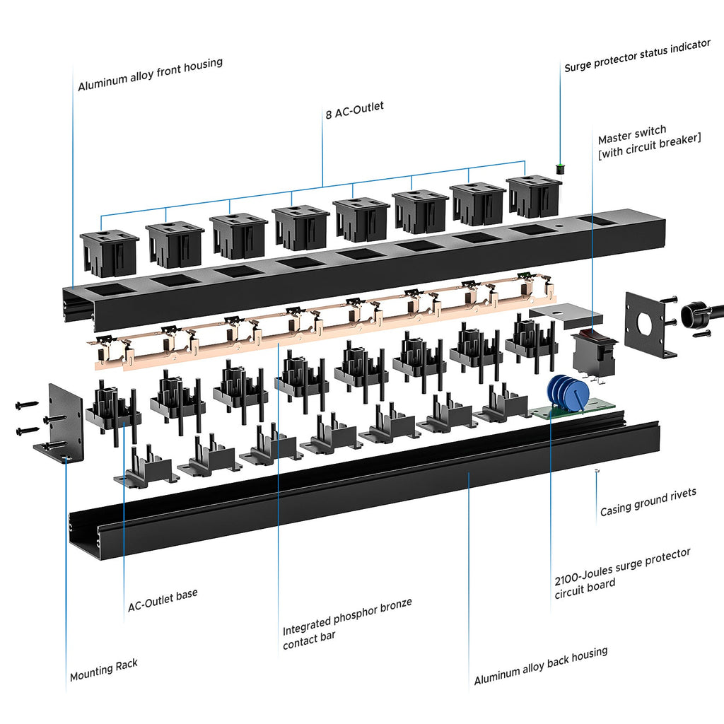 Exploded view diagram of the CRST 8 Outlets Wide Spaced Mountable Metal Power Strip Surge Protector, 2100 Joules, with labeled components: wide-spaced outlets, circuit board, mount kits, aluminum alloy housing, master switch, indicator, and rivets.
