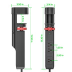 Two views of the Desk Clamp Surge Protector Power Strip w/ USB-C & 6FT Cord in black, featuring four outlets, surge protection, a red adjustment dial, clamp mount, and green lines showing its 13.30-in. height and socket spacing.