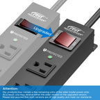 Close-up of two CRST 6-Outlet Surge Protectors: the older "PROTECTED" model and the upgraded version with a reset switch and wide spaced outlets; note explains either may be shipped. Both feature 2100 Joules, mount kits, and 6FT flat plug cord.