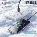 17 - in - 1 Surge Protector Power Cord 5Ft Braided Flat Extension Cable with 6 USB Chargers, 2 USB C, 11 AC Power Outlets - Dynamic Power Supply - Batteries & Power Accessories