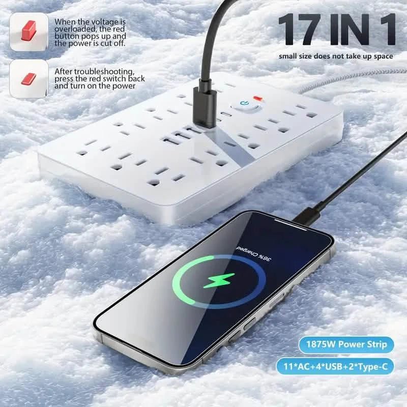 17 - in - 1 Surge Protector Power Cord 5Ft Braided Flat Extension Cable with 6 USB Chargers, 2 USB C, 11 AC Power Outlets - Dynamic Power Supply - Batteries & Power Accessories