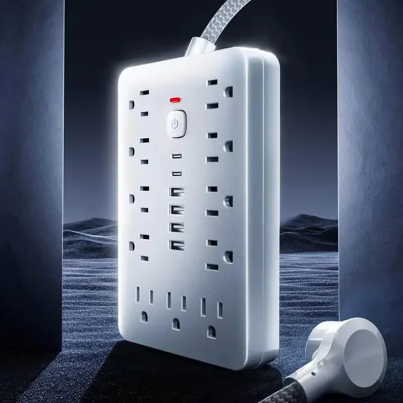 17 - in - 1 Surge Protector Power Cord 5Ft Braided Flat Extension Cable with 6 USB Chargers, 2 USB C, 11 AC Power Outlets - Dynamic Power Supply - Batteries & Power Accessories