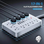 17 - in - 1 Surge Protector Power Cord 5Ft Braided Flat Extension Cable with 6 USB Chargers, 2 USB C, 11 AC Power Outlets - Dynamic Power Supply - Batteries & Power Accessories