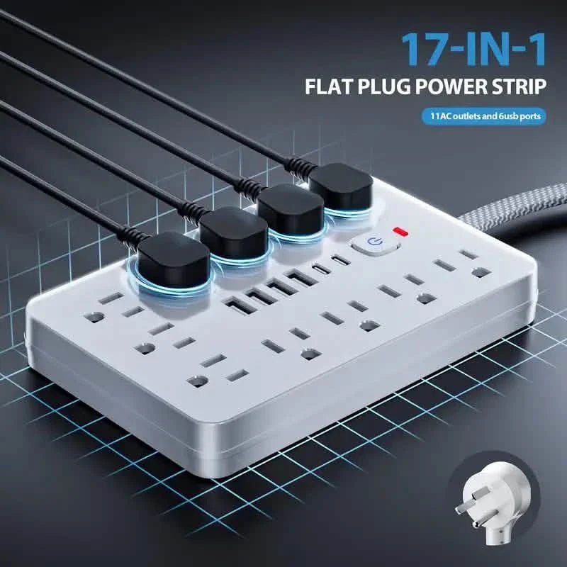 17 - in - 1 Surge Protector Power Cord 5Ft Braided Flat Extension Cable with 6 USB Chargers, 2 USB C, 11 AC Power Outlets - Dynamic Power Supply - Batteries & Power Accessories