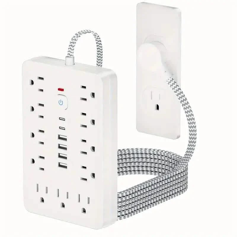 17 - in - 1 Surge Protector Power Cord 5Ft Braided Flat Extension Cable with 6 USB Chargers, 2 USB C, 11 AC Power Outlets - Dynamic Power Supply - Batteries & Power Accessories