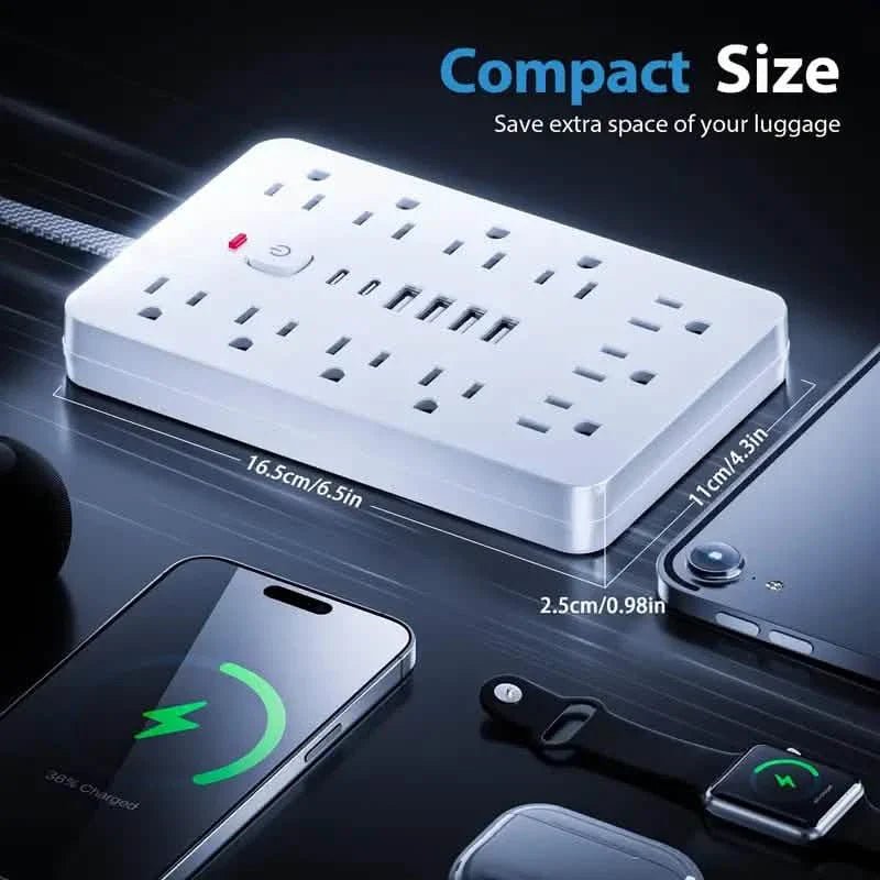 17 - in - 1 Surge Protector Power Cord 5Ft Braided Flat Extension Cable with 6 USB Chargers, 2 USB C, 11 AC Power Outlets - Dynamic Power Supply - Batteries & Power Accessories