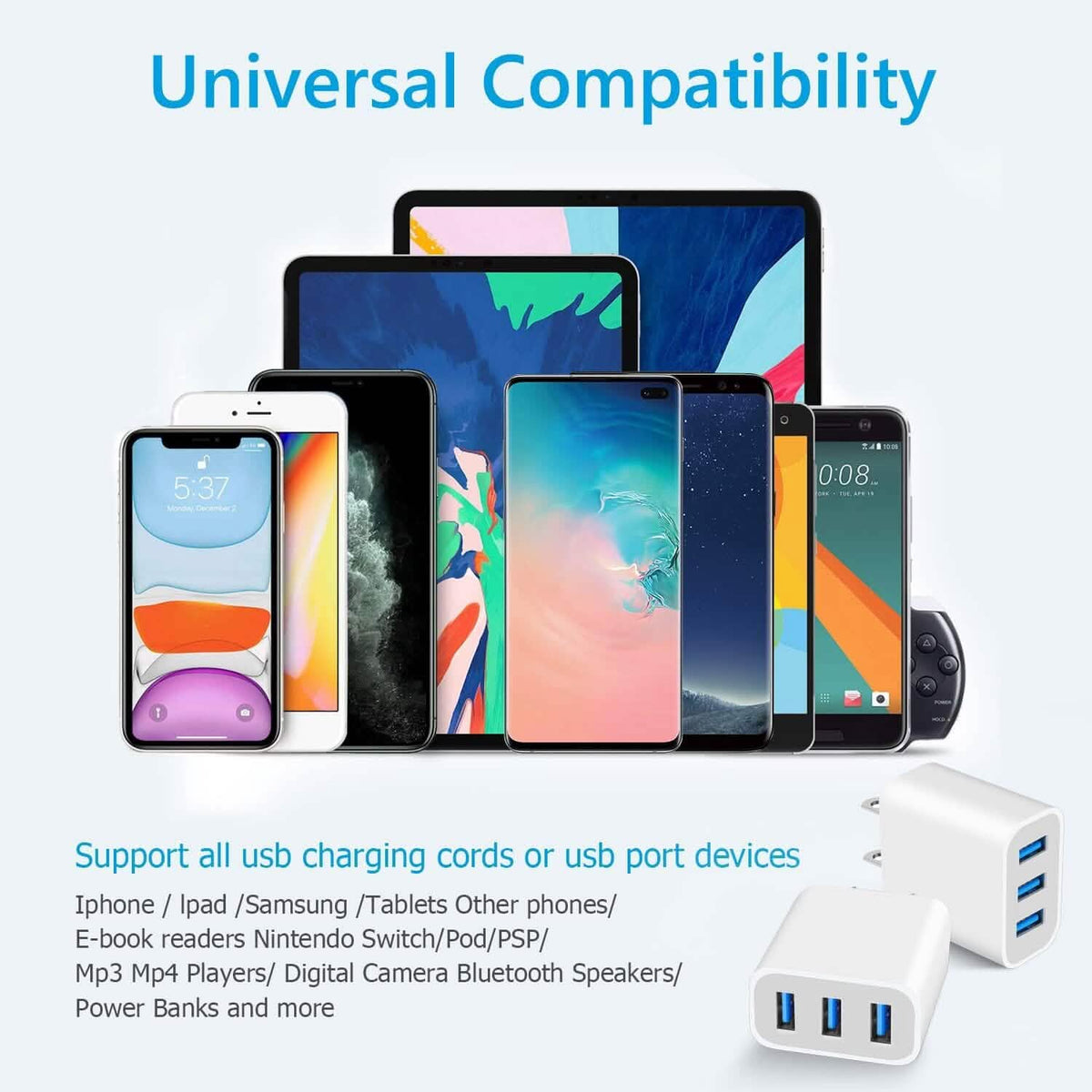 2-Pack 3-Port USB Wall Chargers – Compact Fast Charging USB Power Adapters - Dynamic Power Supply - Wall Charger
