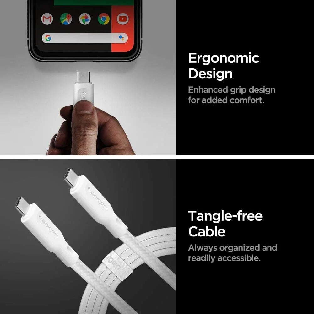 A hand plugs a Spigen DuraSync 60W USB C to USB C Fast Charging Cable (4.9FT, 2 Pack) into a smartphone; below are two coiled cables with text highlighting their ergonomic design and tangle-free features.