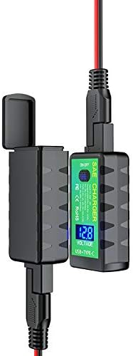 Dual USB Motorcycle & Marine Charger – 12V/24V Waterproof USB Power Outlet featuring a built-in voltmeter with digital voltage display for USB Type-C. Red and black cables are connected at both ends, and the display shows a voltage reading of 12.9.