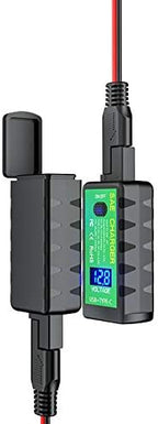Dual USB Motorcycle & Marine Charger – 12V/24V Waterproof USB Power Outlet featuring a built-in voltmeter with digital voltage display for USB Type-C. Red and black cables are connected at both ends, and the display shows a voltage reading of 12.9.
