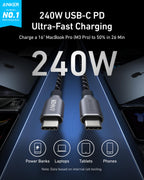 Two Anker Prime USB-C to USB-C Cables (240W, Upcycled-Braided) are shown with "240W" highlighted, offering ultra-fast charging, 100-year bend durability, and charging a MacBook Pro to 50% in just 26 minutes.