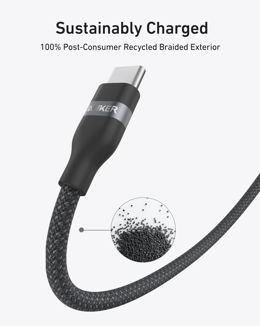 A black Anker USB-C to USB-C Cable (3 ft / 6 ft, 240W, Upcycled-Braided) features a magnified view of its 100% post-consumer recycled braided exterior. Text reads: "Sustainably Charged.
